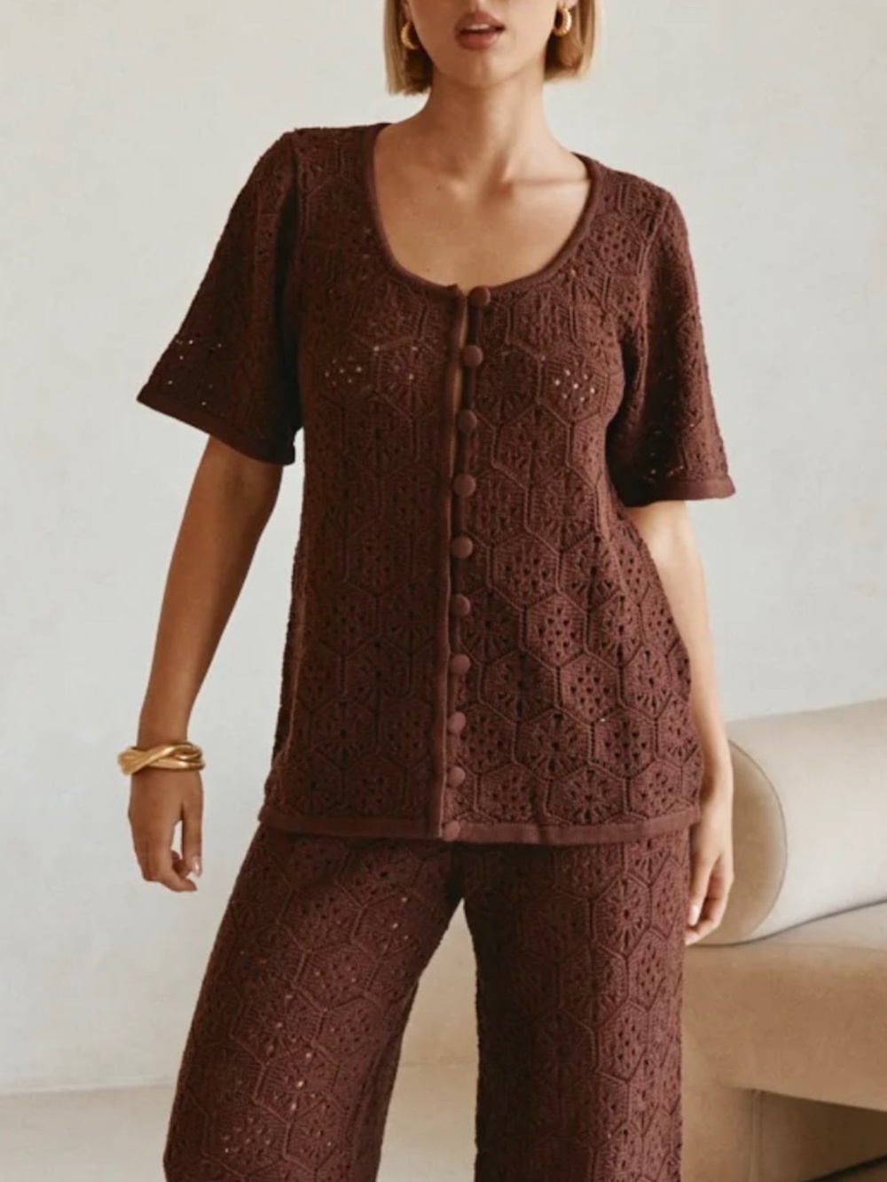NWT SABO Crochet knit Button Brown Umiko Top L-XL Cotton